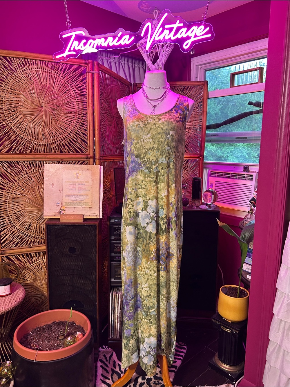 90s “Monet” Green Floral Maxi Dress